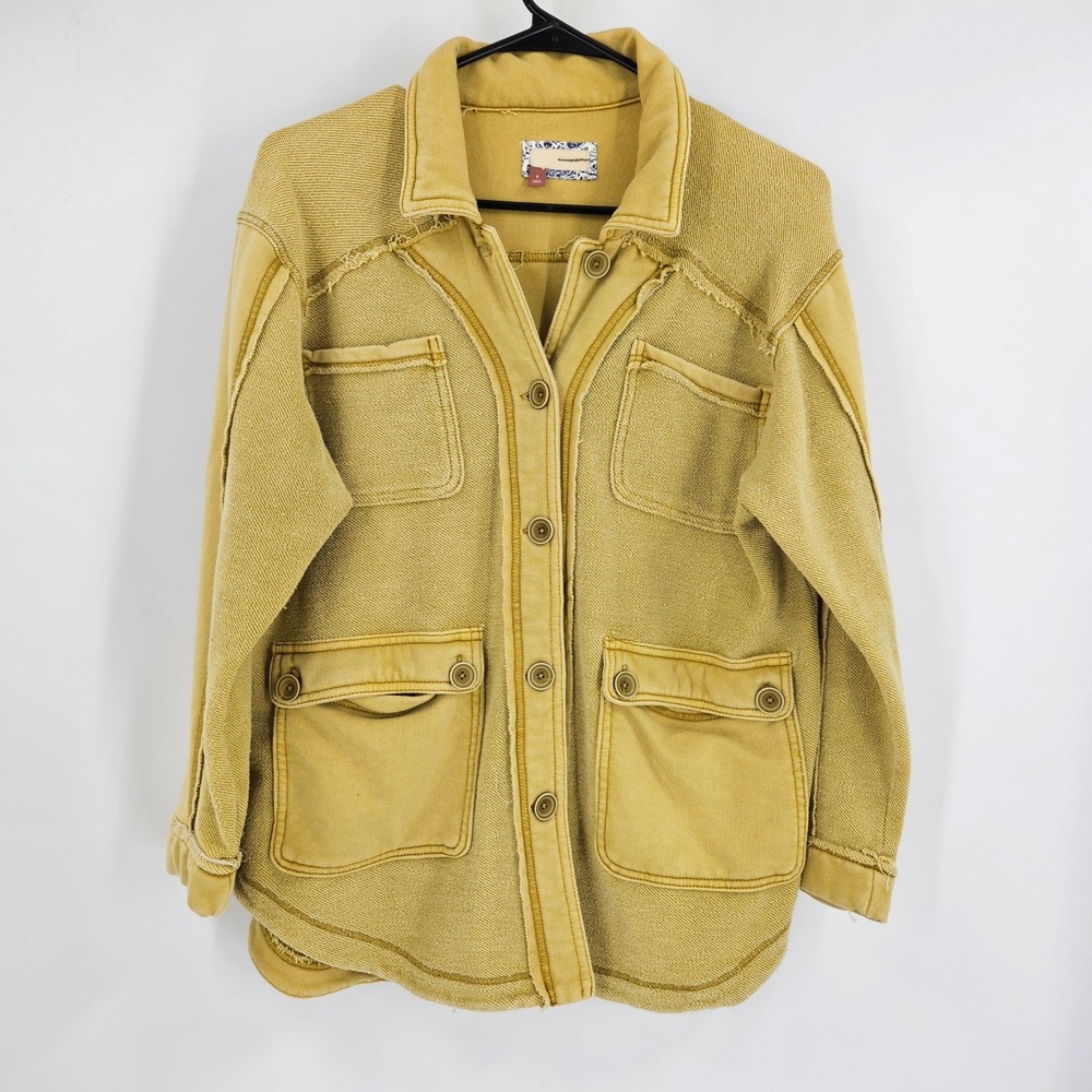 Pilcro Anthropologie Utility Shirt Jacket Yellow Button Down Distressed Size S